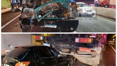 Fotos de Acidente entre carro e dois caminhões mata uma pessoa e deixa outras duas feridas, em Maringá