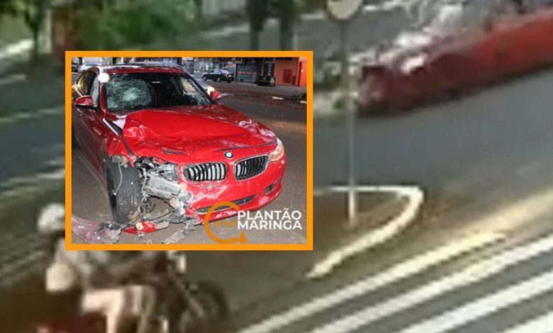 Fotos de Câmera registra grave acidente entre carro de luxo e motocicleta, em Maringá; veja vídeo