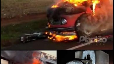 Fotos de Caminhão pega fogo após batida com moto e deixa motociclista com ferimentos graves