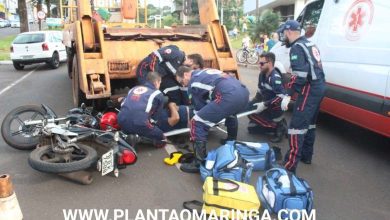 Fotos de Em Maringá; acidente entre moto e caminhão deixa jovem com ferimentos graves em uma das pernas