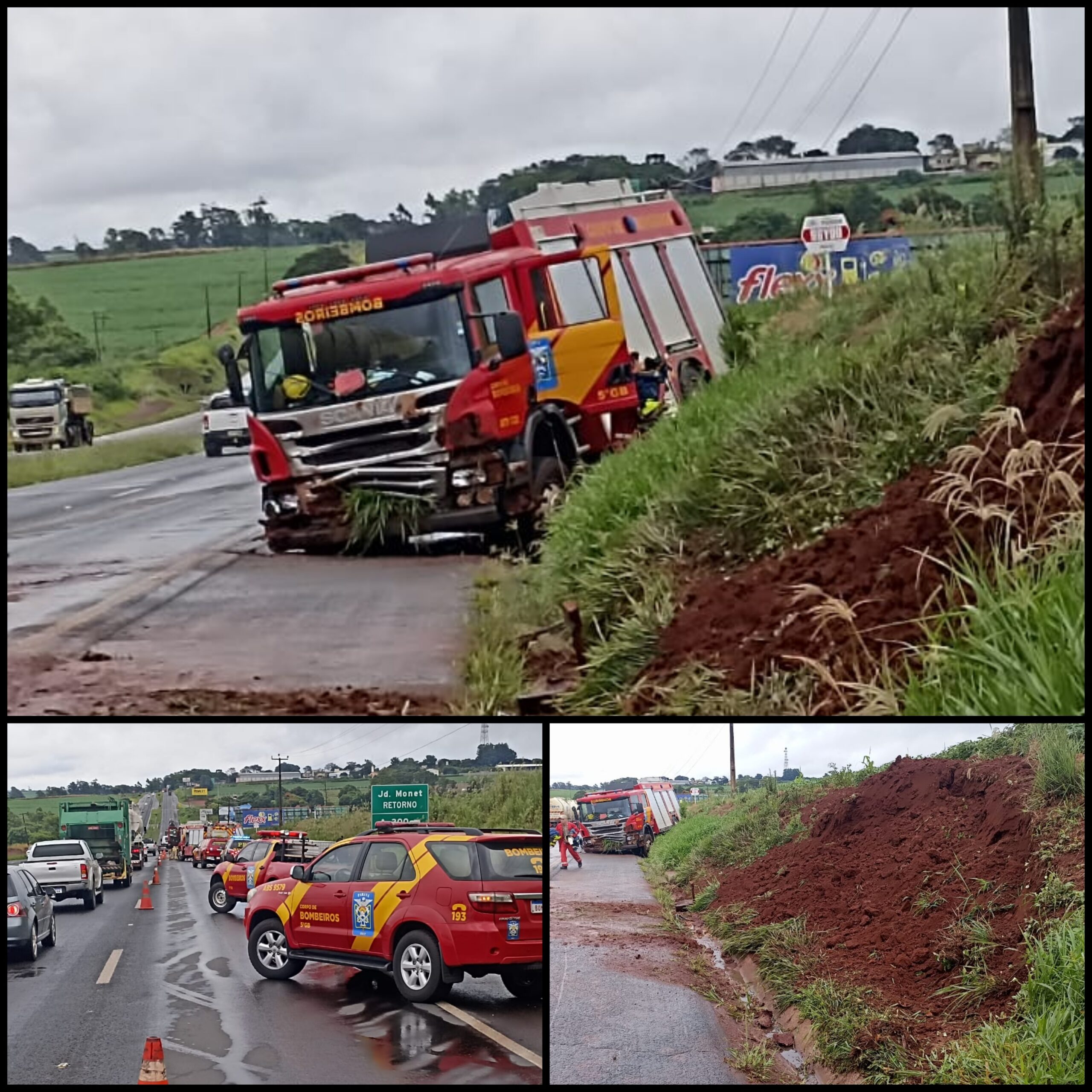 Fotos de Caminhão do Corpo de Bombeiros bate em barranco após aquaplanagem em Maringá