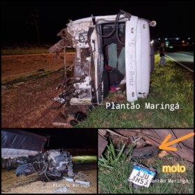 Fotos de Carreta tomba em cima de moto e motociclista escapa da morte em Maringá