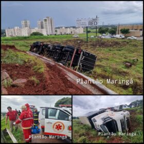 Fotos de Carreta tomba na alça de acesso do viaduto da PR-323 com a PR-317, em Maringá