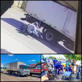 Fotos de Motociclista bate na traseira de caminhão e sofre ferimentos graves na perna em Maringá