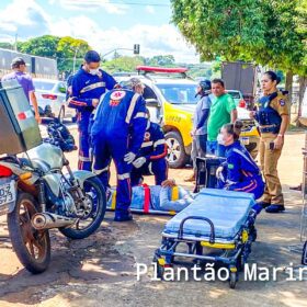 Fotos de Motociclista bate na traseira de caminhão e sofre ferimentos graves na perna em Maringá