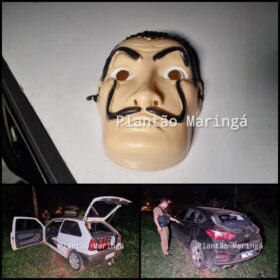 Fotos de Bandidos usam máscaras de La casa de papel para roubar veículo em Maringá