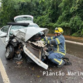 Fotos de Carro fica com a frente destruída após motorista bater em árvore em Maringá