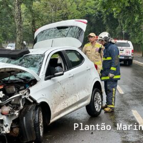 Fotos de Carro fica com a frente destruída após motorista bater em árvore em Maringá