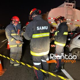 Fotos de Carro desgovernado prensa caminhoneiro contra carreta em Maringá, a vítima morreu na hora
