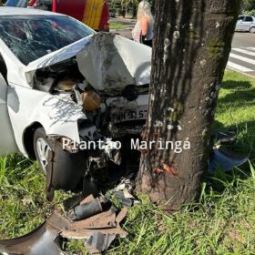 Fotos de Carro bate em árvore e deixa duas pessoas feridas em Maringá