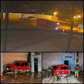 Fotos de Câmeras de segurança mostram veículo capotando e invadindo empresa, em Maringá