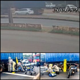 Fotos de Câmera registra motociclistas caindo embaixo de rodado de carreta em Maringá