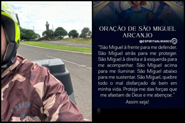 Foto postada pela vítima na frente da igreja Santa Rita de Cássia e a oração de São Miguel do Arcanjo - no dia do acidente 