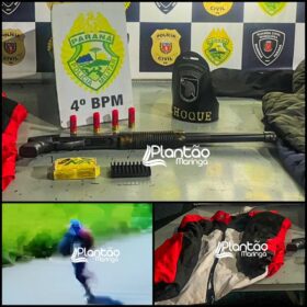 Fotos de Choque apreende escopeta calibre 12 e roupas utilizada em execução em Maringá