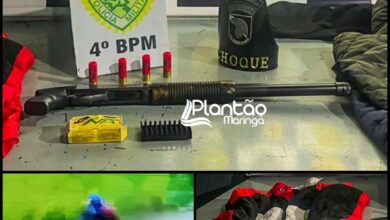Fotos de Choque apreende escopeta calibre 12 e roupas utilizada em execução em Maringá