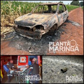 Fotos de Carro que pode ter sido utilizado em tentativa de homicídio em Maringá é localizado incendiado