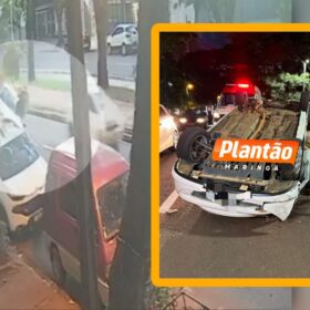 Fotos de Câmera de segurança registra capotamento após colisão em Maringá