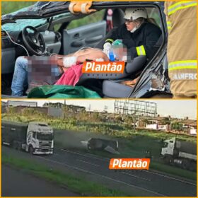 Fotos de Câmera de segurança registra carro capotando após acidente com carreta em Sarandi