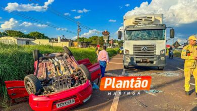 Fotos de Motorista fica gravemente ferido após capotar e bater de frente com caminhão em Maringá