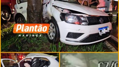 Fotos de Motorista perde o controle e bate na árvore durante forte chuva em Maringá