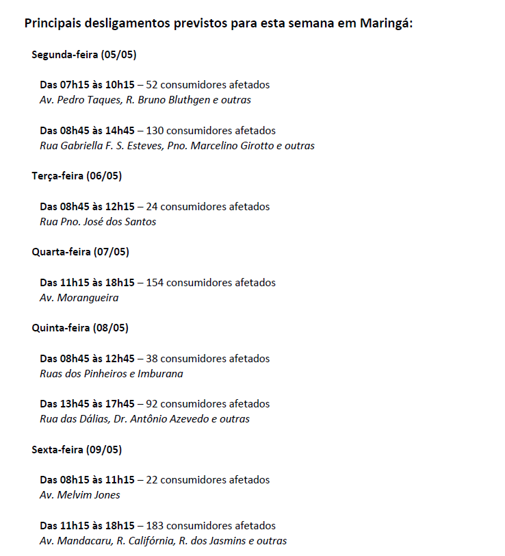 Maringá terá desligamento de energia nos próximos dias; veja onde vai faltar luz Foto 1 Fotos de Maringá terá desligamento de energia nos próximos dias; veja onde vai faltar luz