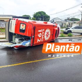Ambulância do Samu tomba após colisão em Maringá; grávida fica ferida Foto 3 Fotos de Ambulância do Samu tomba após colisão em Maringá; grávida fica ferida