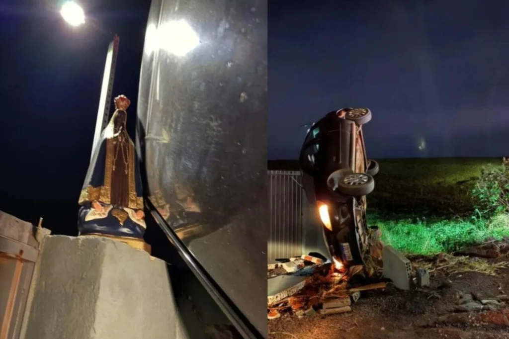Carro capota e para aos pés de imagem de Nossa Senhora no Paraná; motorista sai ilesa e relata momento de fé Foto 1 Fotos de Carro capota e para aos pés de imagem de Nossa Senhora no Paraná; motorista sai ilesa e relata momento de fé