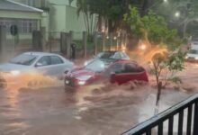 Fotos de Chuva forte quase arrasta uma moto e um carro em cruzamento da Avenida Guaiapó, em Maringá