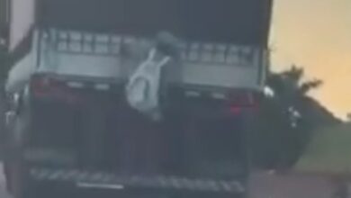 Fotos de Homem é flagrado pegando “rabeira” em carreta no Contorno Sul de Maringá; vídeo