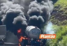 Fotos de Incêndio em caminhão-tanque interdita Contorno Norte em Maringá; com vídeo