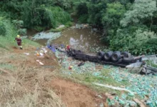 Fotos de Motorista morre após caminhão carregado com cervejas capotar e afundar em rio no Paraná