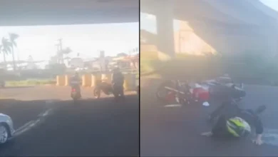 Fotos de Vídeo mostra motociclista escorregando em óleo e caindo na BR-376, em Maringá