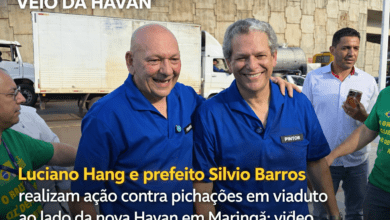 Fotos de Luciano Hang e prefeito Silvio Barros realizam ação contra pichações em viaduto ao lado da nova Havan em Maringá; vídeo