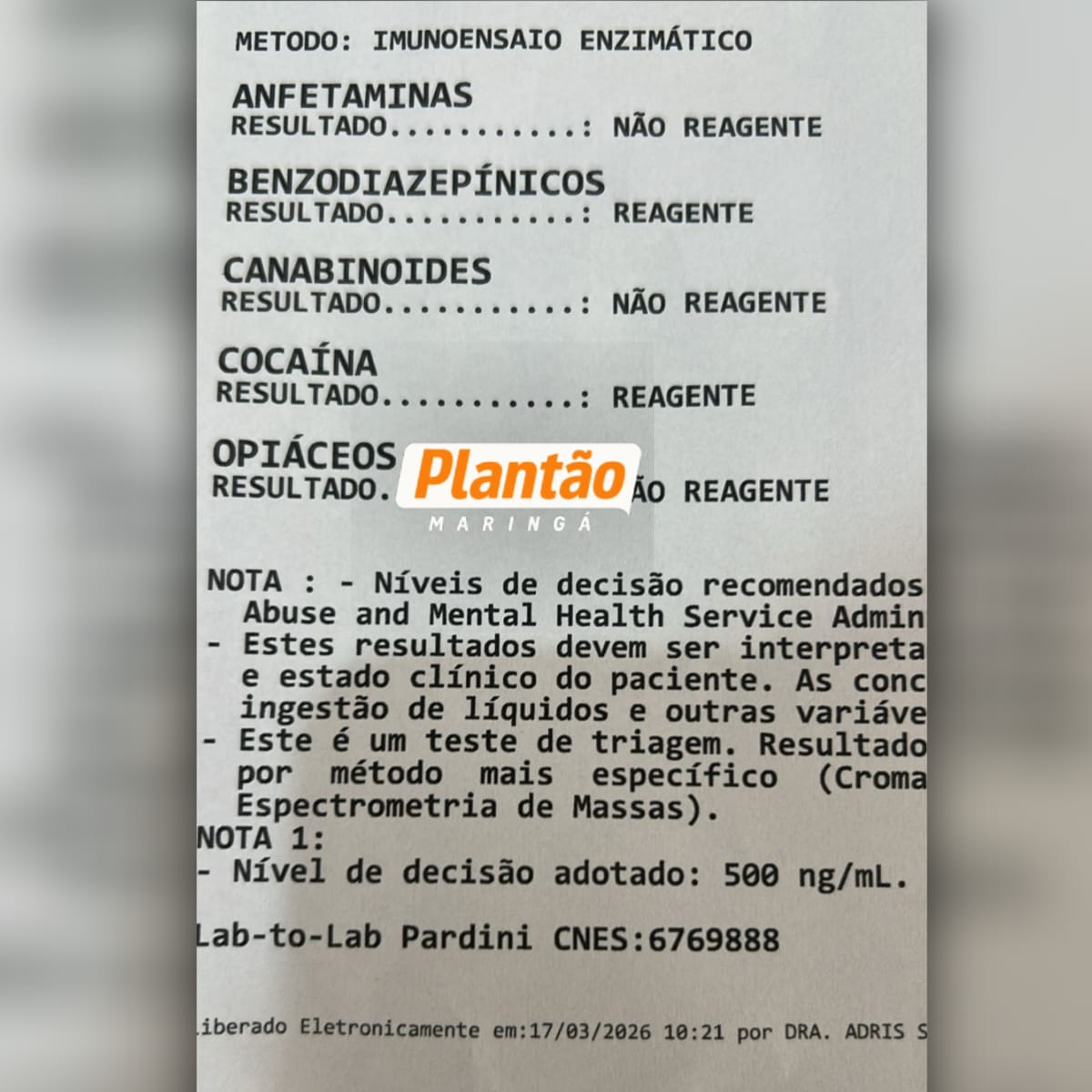 Fotos de Exames apontam presença de cocaína e benzodiazepínicos em bebê internada após suspeita de agressão em Sarandi