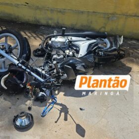 Fotos de Motociclista é arremessado contra muro em batida com caminhão em Maringá; vídeo mostra momento do impacto