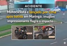 Fotos de Motociclista é lançado por cima de carro após batida em Maringá; imagem impressionante flagra o impacto