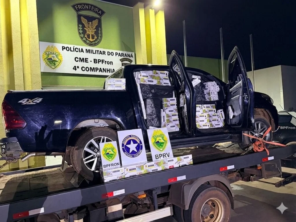 Fotos de Hilux furtada em Maringá e carregada com 3 mil pacotes de cigarros é recuperada após perseguição em Umuarama; vídeo