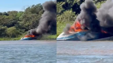 Fotos de Incêndio destrói lancha no Rio Paraná em Porto Camargo; vídeo mostra embarcação em chamas