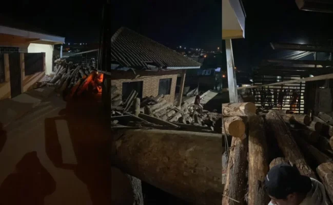 Fotos de Imagens impressionantes mostram caminhão com toras tombando sobre casa no PR;