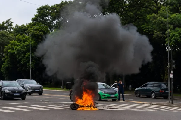 Fotos de Moto pega fogo após grave acidente com carro em cruzamento movimentado de Maringá; veja vídeo