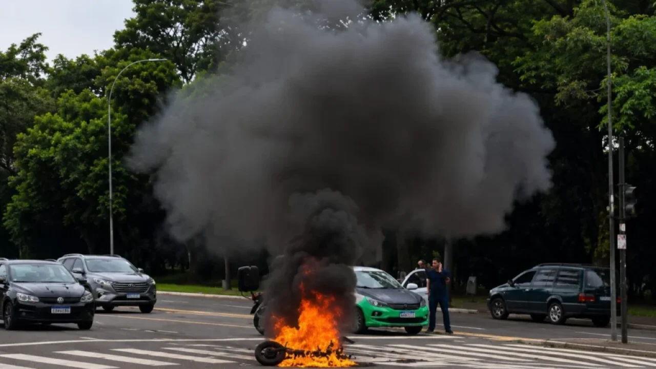 moto-pega-fogo-apos-grave-acidente-com-carro-em-cruzamento-movimentado-de-maringa-veja-video